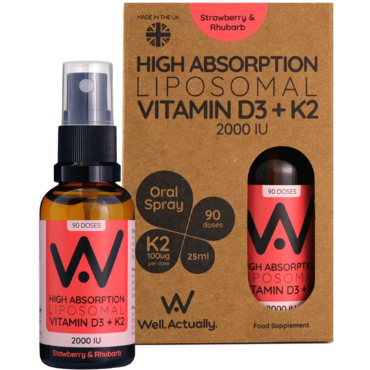 Well Actually Liposomal Vitamin D3 & Vitamin K2 Oral Spray - 2000IUs - Strawberry & Rhubarb