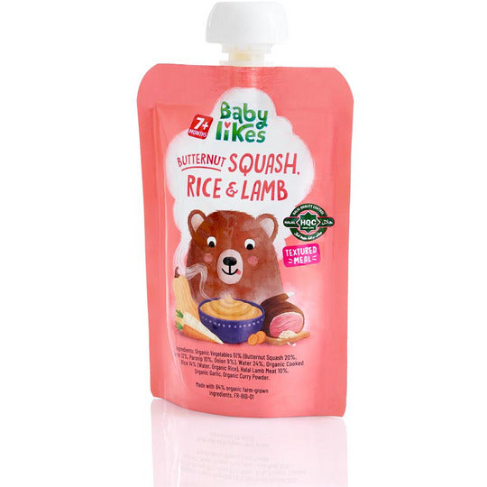 Baby Likes Halal Organic Butternut Squash, Rice and Lamb 130 g x 6 pouches Baby Puree for 7 months plus