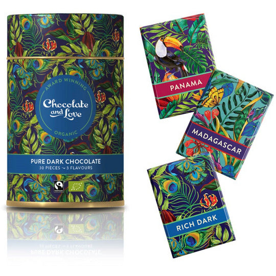 Chocolate and Love Rich Dark Tin - Vegan Pure Dark Chocolate Assortment of 30 x 5.5g Napolitains
