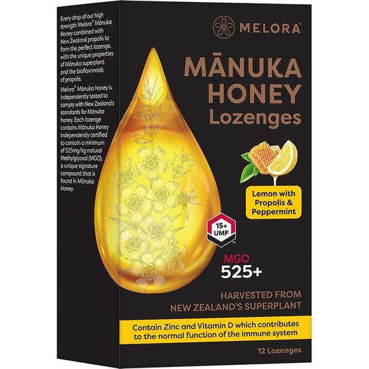 Melora Manuka Honey 525 MGO, Propolis, Lemon and Peppermint 12 Lozenges