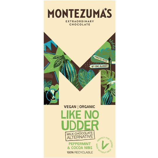 MONTEZUMAS LIKE NO UDDER WITH PEPPERMINT & COCOA NIBS - VEGAN FRIENDLY MILK CHOCOLATE ALTERNATIVE 90G