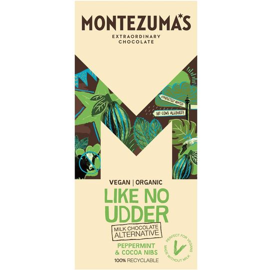 MONTEZUMAS LIKE NO UDDER WITH PEPPERMINT & COCOA NIBS - VEGAN FRIENDLY MILK CHOCOLATE ALTERNATIVE 90G