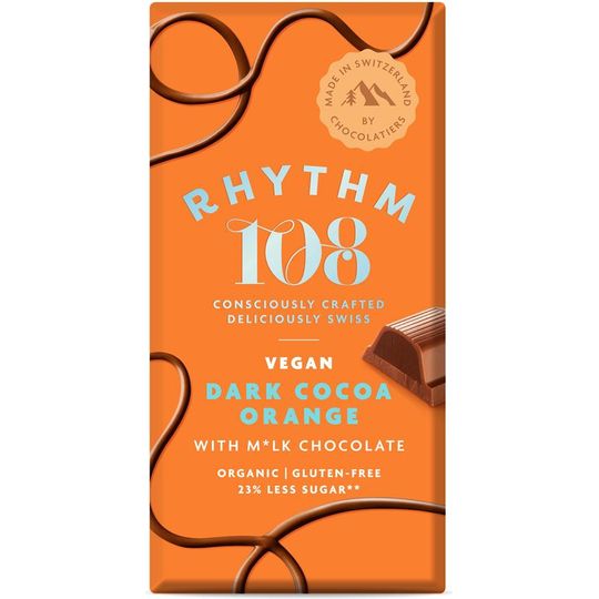 Rhythm 108 Swiss Vegan Dark Cocoa Orange Bar with M'lk Chocolate 100g