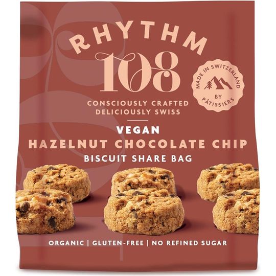 Rhythm 108 Swiss Vegan Hazelnut Chocolate Chip Share Bag 135g
