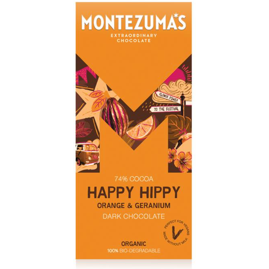 Montezuma's Happy Hippy - Dark Chocolate with Orange & Geranium 90g