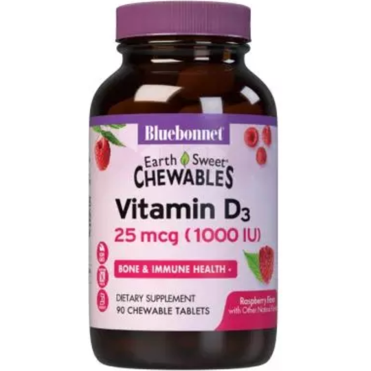 Bluebonnet Earthsweet Chewables Vitamin D3 1,000iu 90 Raspberry Tablets