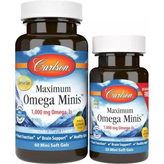 Carlson Labs Maximum Omega Minis 1,000mg 60 Mini Softgels Plus 20 Softgels Free