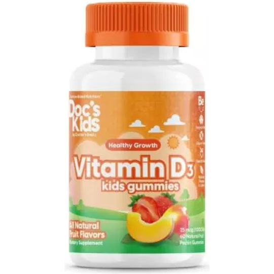 Doctor's Best Doc's Kids, Vitamin D3 Gummies, All Natural Fruit, 25 mcg (1,000 IU), 60 Natural Fruit Pectin Gummies