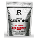 Silver Reflex Nutrition Creapure® creatine pouch displays “unflavoured” in red text.