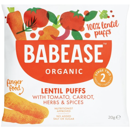 Babease Organic Lentil Puffs - Tomato Carrot Herbs & Spices 20g