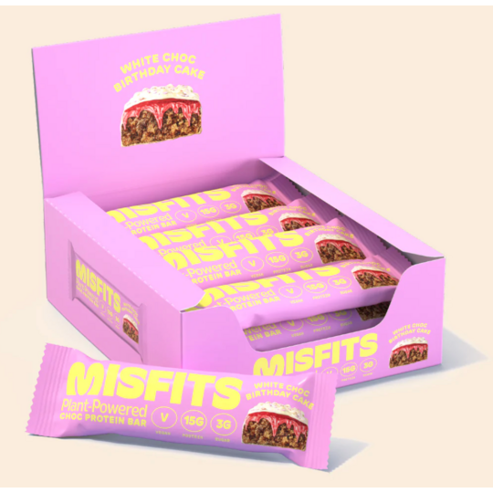 Misfits Plant-Powered Choc Protein Bar White Choc Birthday Cake 12 x 45g