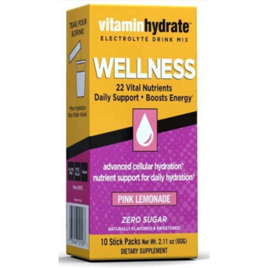 Vitamin Hydrate Electrolyte Drink Mix Wellness Pink Lemonade Zero Sugar 10 sachets